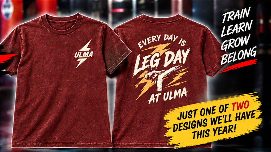 Front and back of ULMA Every Day Is Leg Day T-shirt, one of two designs offered this year